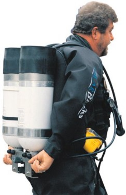 Inverted twin cylinders in position. The set-up uses your usual twinset with second stage directed neatly over the right shoulder, the direct feed over the left, contents gauge clipped to the bottom of the BC and your suit feed hose coming upwards under the right arm to the chest inflator valve.