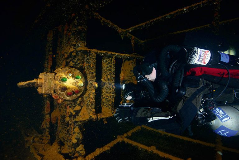 This colourful configuration of lights is among the many gems deep inside the engine room of the Heian Maru.