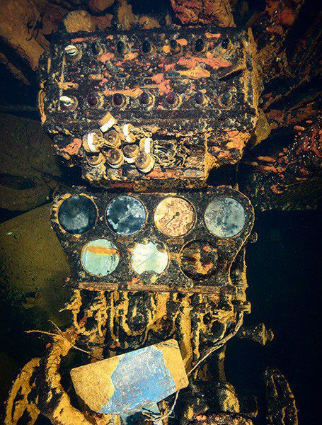 One of the many interesting panels inside the Heian Maru. The face of the middle dial in the lowest row reads, “Burmeister & Wain – Kjöbenhavn [Copenhagen]”.