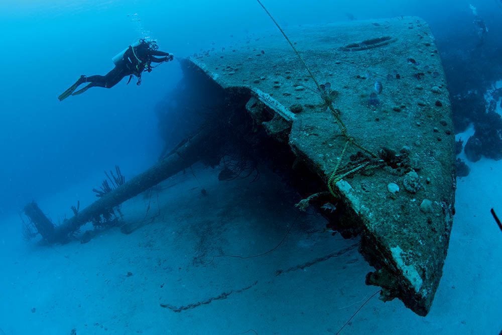 The Hilma Hooker wreck at the foot of the reef.