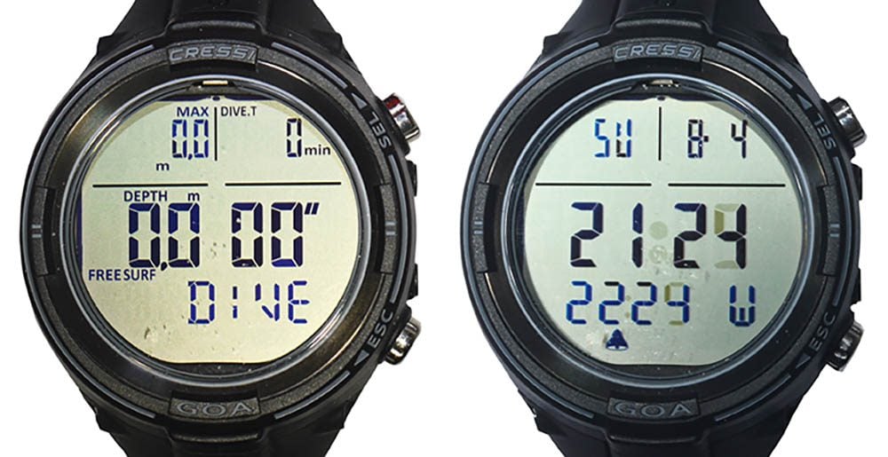 Left: Freediving display includes current and maximum depths and time spent under water. Right: Dual time-zone watch display with day and date read-out.