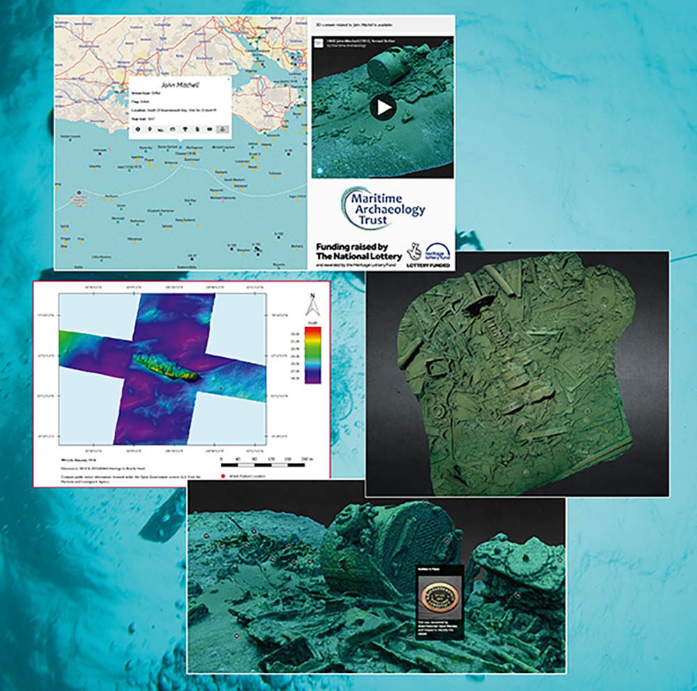 Top: Map for the John Mitchell. Middle left: Geophysical scan of the Alaunia wreck. Right: 3D map of the War Knight. Bottom: 3D model of the John Mitchell, showing the builders’ plate within the guided tour.