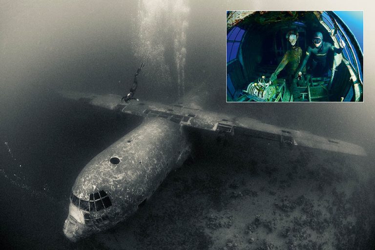 Freediver Carlos Coste descends onto the Hercules transporter wreck in Aqaba, Jordan. Inset: The ‘pilot’ of the Hercules has seen better days.