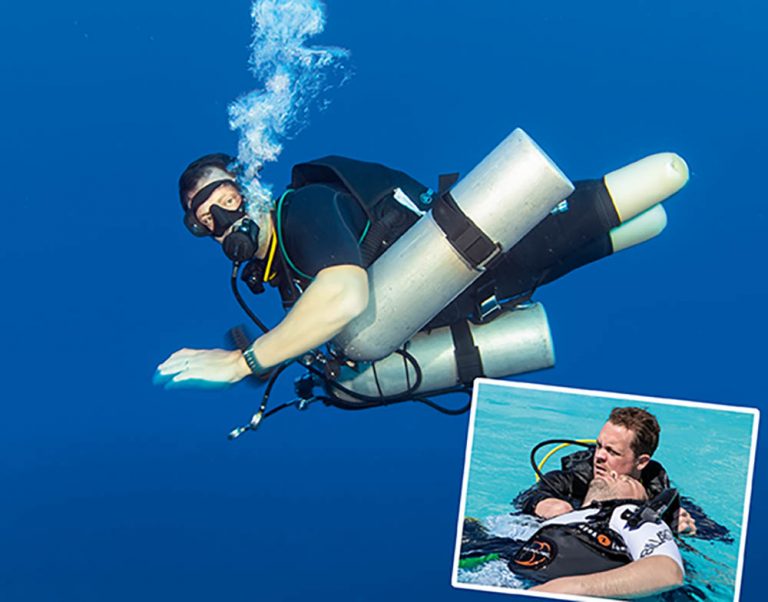 Josh Boggi, diving with Deptherapy at Roots, El Quseir in the Red Sea. Inset: Pool rescue training.