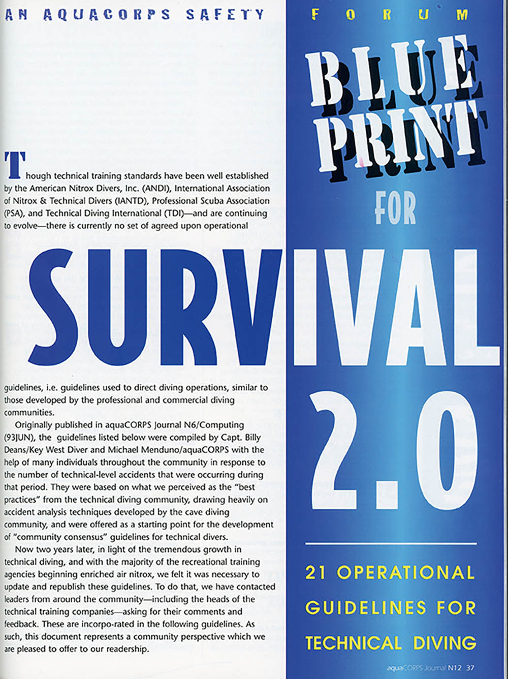 aquaCorps’s Blueprint for Survival 2.0, an update of Sheck Exley’s book A Blueprint for Survival on cave-diving accident analysis, from October 1995.