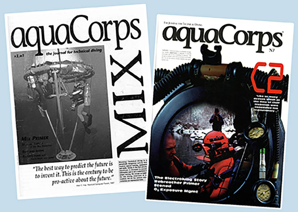 Covers of Michael Menduno’s influential tech-diving journal aquaCorps from 1992 and 1993.