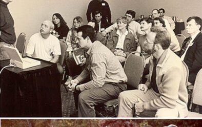 Below from top: Early players in the development of technical diving: Dr Bill Hamilton (right) with Kathy Hamilton and Michael Menduno in 1993; Kevin Gurr (left) presenting at the aquaCorps tek.93 conference; Carmellan Research founder Stuart Clough (left) and Rob Palmer prepare to dive Carmellan’s CR155 rebreather at Andros Island in the Bahamas.