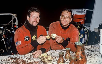 Divers Steve Gatto and Tom Packer in 1990, with china crockery and vases recovered from the Andrea Doria wreck.