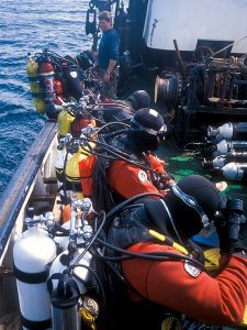 A technical team dives the 108m-deep King Edward VII wreck near Scapa Flow in 1997.