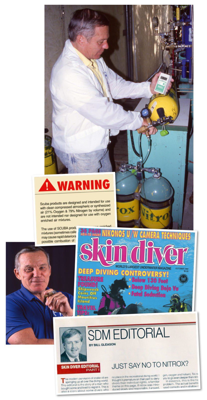 Clockwise from top: Turning on the nitrox tap was controversial to say the least; deep-diving controversy in Skin Diver; the magazine’s Just Say No to Nitrox? editorial by Bill Gleason; Dick Rutkowsky: ‘The technology is there. It’s stupid not to use it’; nitrox warning on the first page of the 1992 DEMA show guide.