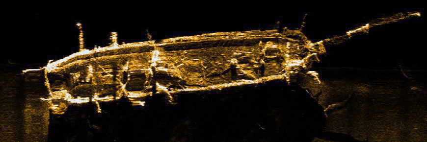 A side-scan sonar image of HMS Terror shows the bowsprit, masts and helm. (Picture: Parks Canada)