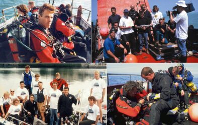 Clockwise from top right: Simon Tapson with the Starfish Enterprise team; Kevin Gurr’s team diving the WW1 HMS M1 submarine in the Channel was one of the first projects to combine mixed-gas and filming for TV. Main divers were Gurr, Richard and Ingemar Lundgren and Phil Short; Kevin Gurr helping to put a trimix team in the water; The Lusitania 94 team led by Polly Tapson carried out the first British mixed-gas diving expedition on a deep wreck.
