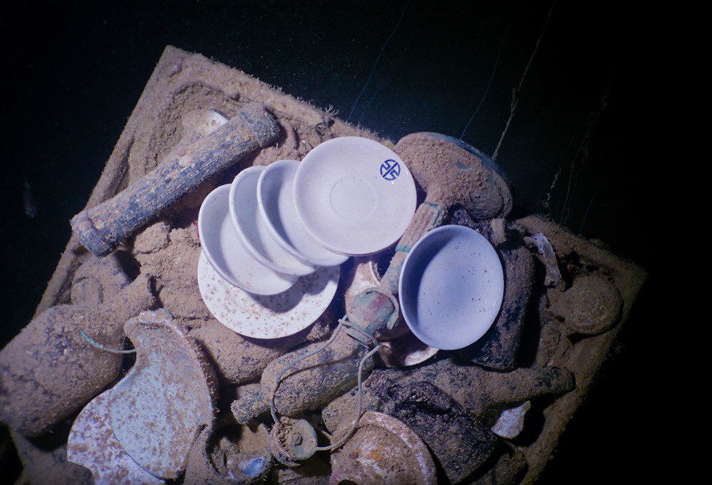 Crockery in the galley of the Shinkoku Maru, sunk in Truk Lagoon during Operation Hailstorm.