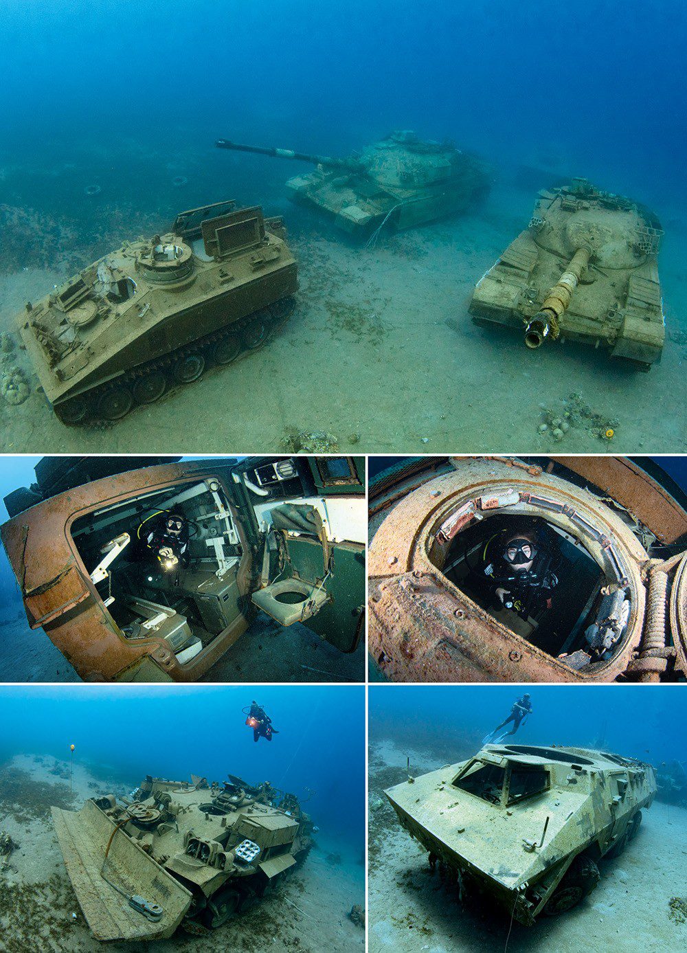 Clockwise from top: Medical FV103 Spartan APC with two Khalid tanks behind; looking out from the Spartan APC; the angular front of the Ratel IFV is very distinctive; a Chieftain ARV converted into a support vehicle; the Spartan still has its folding beds and rear-door toilet in place.