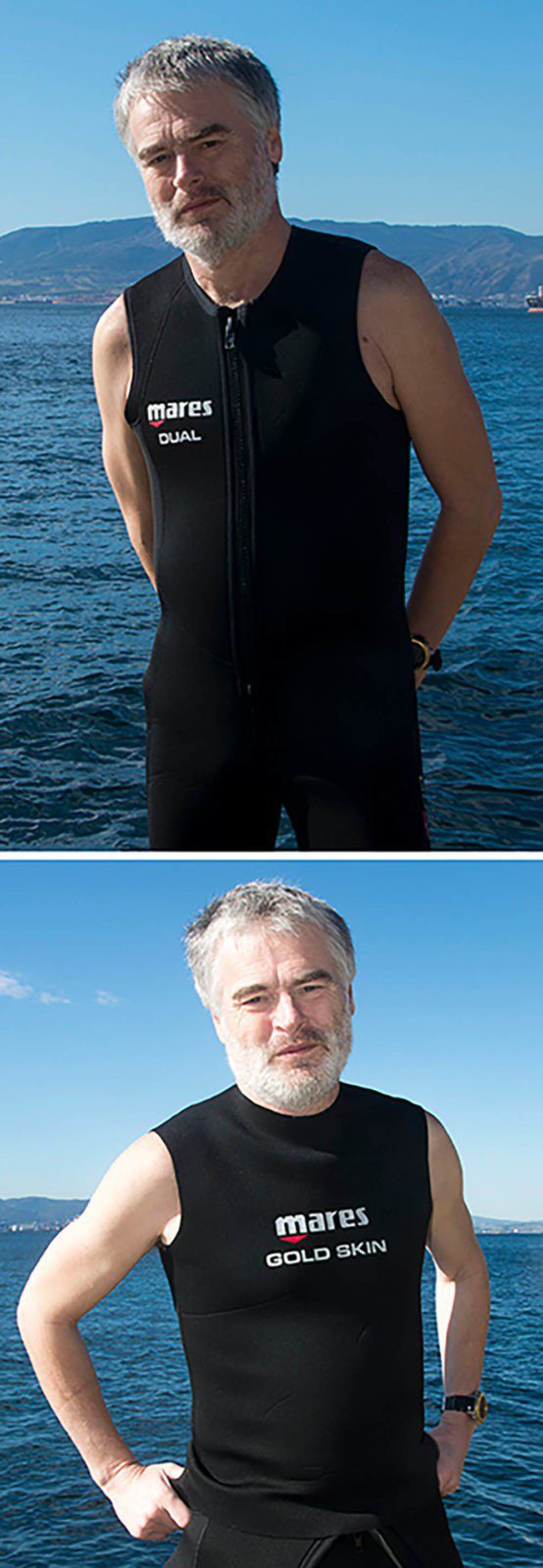 Top: The Dual long-john. Above: The Gold Skin vest.