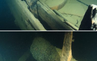 Top: Knife-sharpener on the deck of the Bodekull. Above: A cannon.