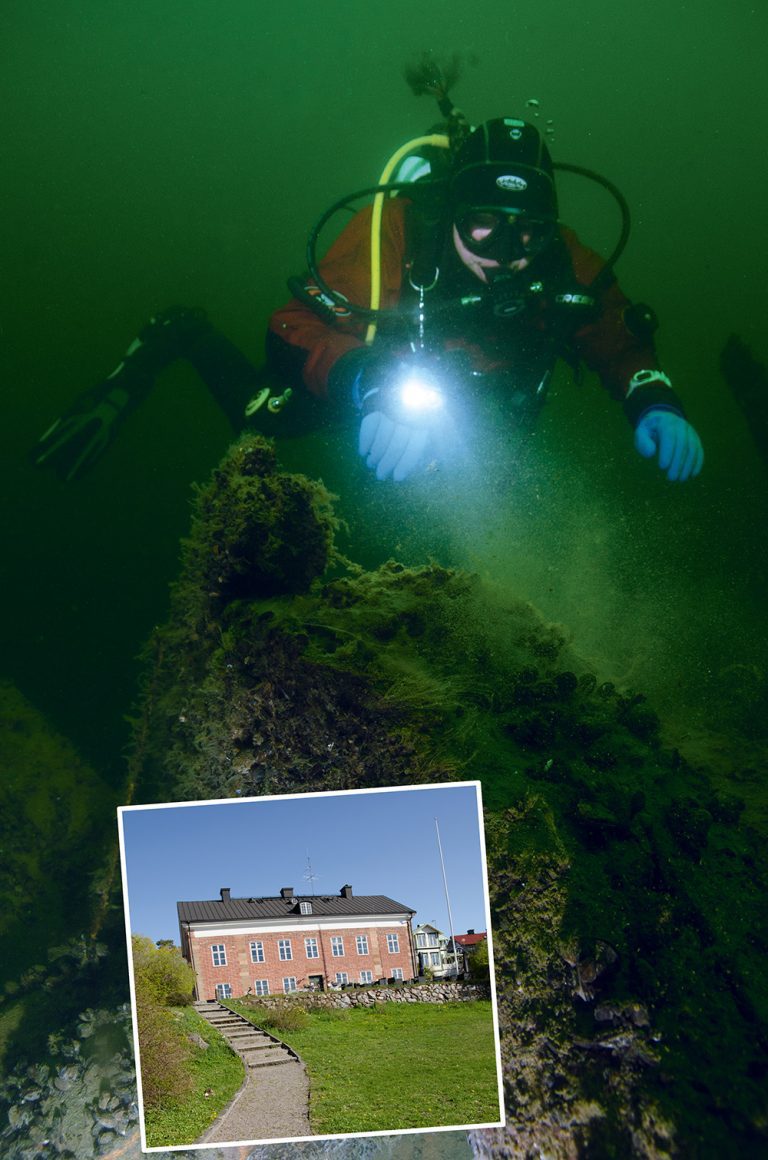 Diver on the Riksäppslet wreck. Inset: The Tulhuset museum and dive-base.