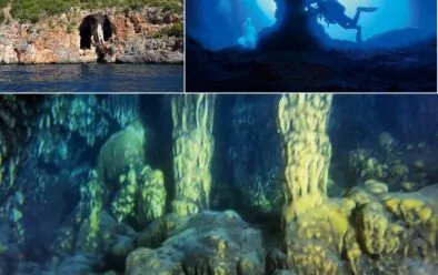 Clockwise from top left: Grotta delle Noglie; the Chiacchio cavern entrance; columns in the Santa Maria cavern.