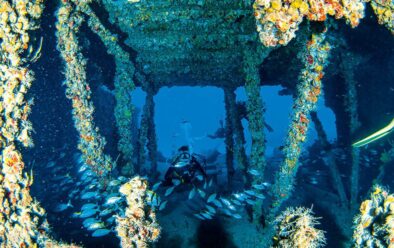 Passing through the barge’s cargo-hold.