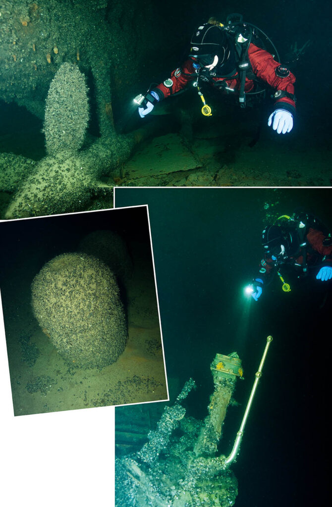 Acima: Susanne com uma hélice em Akula. Acima à esquerda: Mina Naval. Acima, à direita: a torre de comando do submarino.