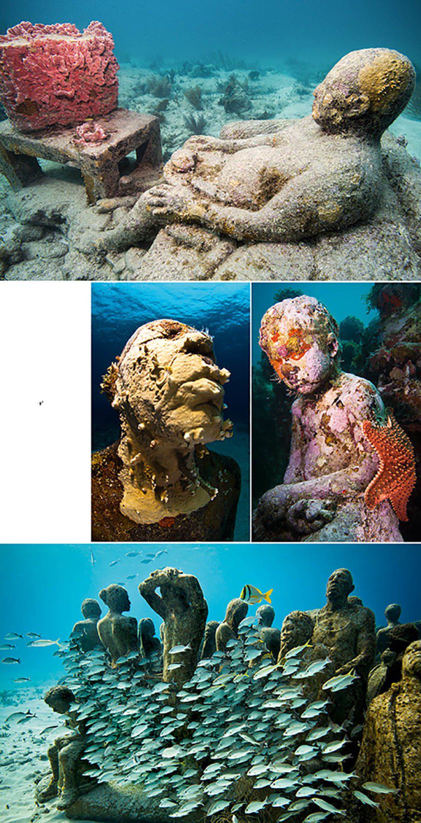 Mexico’s Underwater Museum was assembled off the coasts of Cancun and Isla Mujeres in 2009-2013. It includes The Silent Evolution, the largest underwater collection of art, with 450 life-size cement figures standing in the sand. Taylor used neutral-pH cement to encourage marine growth – as on the ‘TV set’ that formed part of Inertia, above. Local people are frequently used as models.