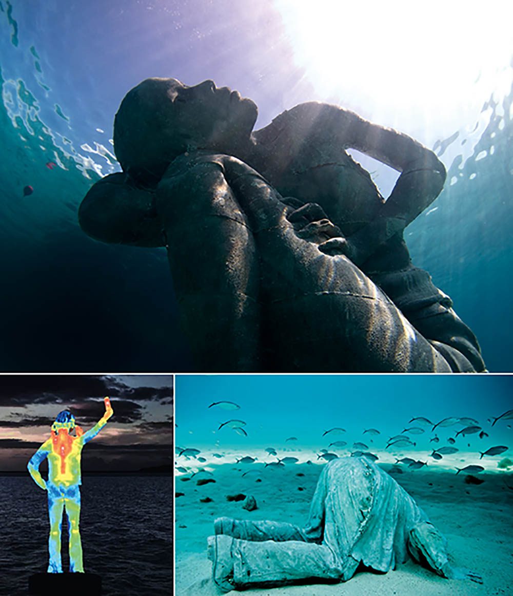 Top: At 5m tall and weighing some 60 tonnes, Ocean Atlas is reckoned to be the world’s largest single underwater sculpture. Above: Artist’s impression of the forthcoming Ocean Siren colour-changing statue. Above right: The sculptures might be submerged but the social commentary is always close to the surface, as in The Banker from Isla Mujeres in 2012.