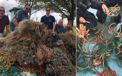 Links: Enkele netten teruggevonden in Cornwall. Rechts: Kieuwnet bij Hilsea Point.