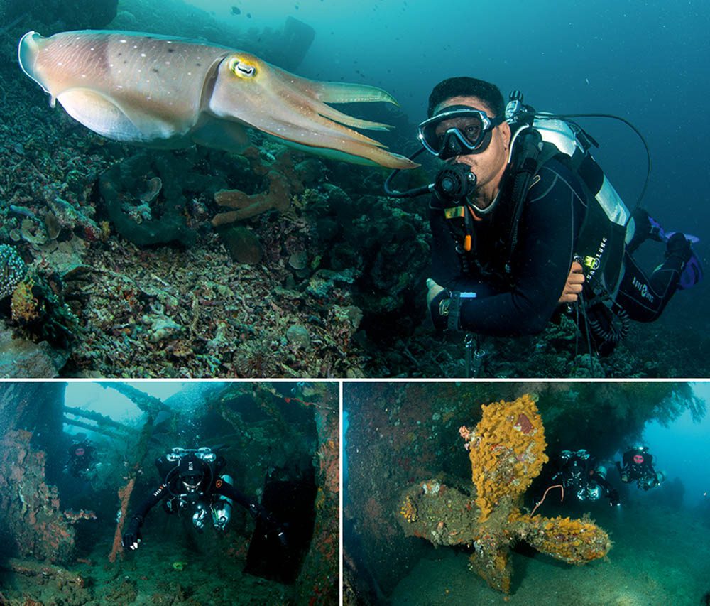 Top: Hence with a cuttlefish at Fukui. Above left: Cindy and Spencer dive the Molas wreck. Above right: the propeller.