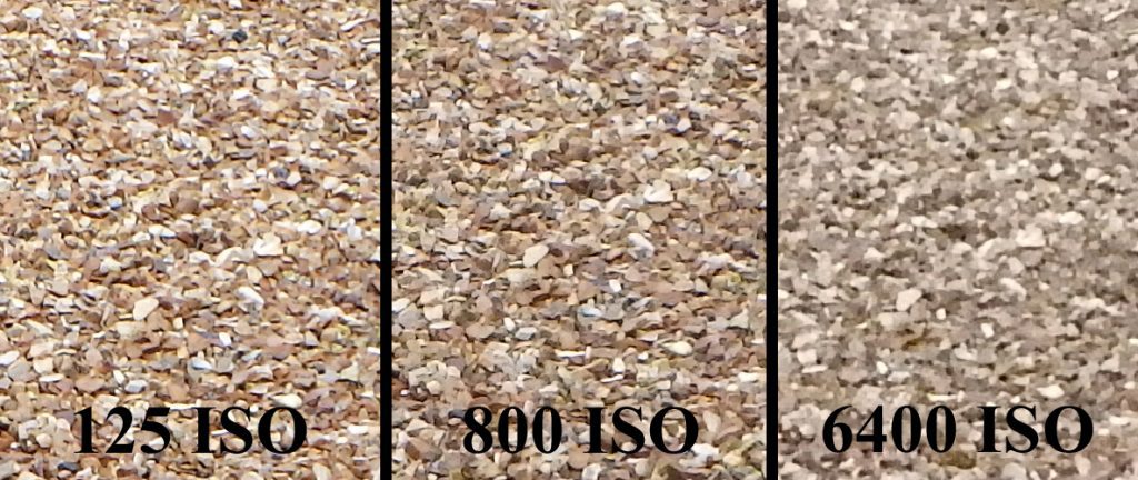 ISO comparison using a pebbled path – there’s not much difference between ISO 125 and ISO 800, but after that contrast and detail start to be lost.