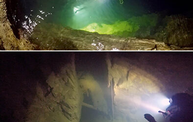 Top: Leaving the surface pool in a flooded mineshaft. Above: bottom of a mine-shaft looking into the workings.