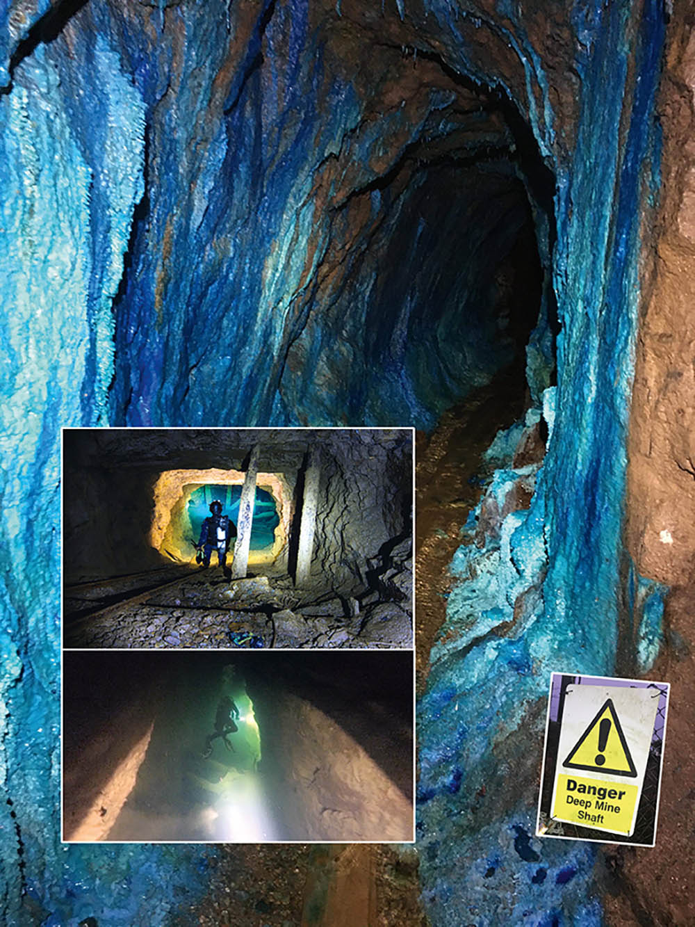 Tunnel leading deep into a copper mine. Insets from top: Diver looking down a flooded inclined railway shaft; exploring deeper into a mine.