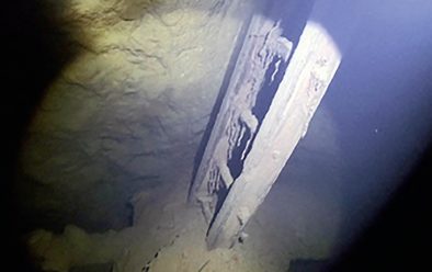 ‘Rusticle’-type protrusions on the rungs of a submerged ladder 25m down at the base of a flooded shaft.