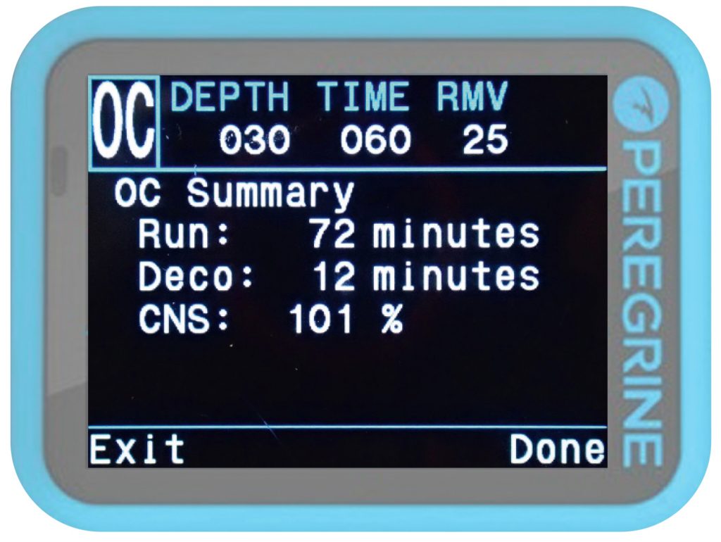 Deco-dive plan summary indicating that oxygen toxicity limit will be exceeded by 1%.