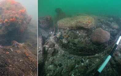 From left: Gun cascabel and timbers; parrel bead (threaded onto ships’ lines) lying inside a barrel.