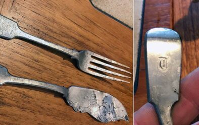 Guns in the gully 1 The silver fish knife and fork found on the wreck, with the letter T for Tindell on the handles.