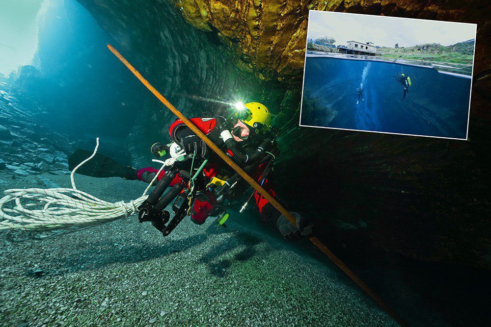 Diver at the entrance of the cave. Inset: Descent to the entrance.