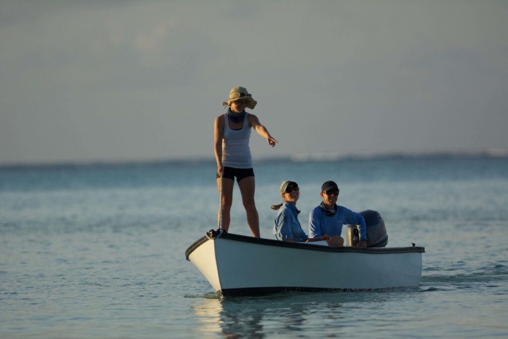 Searching for sting rays by boat in Seychelles