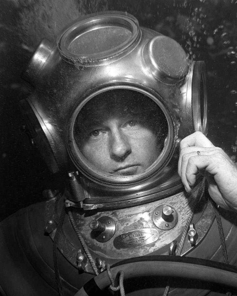 Bob Morgan black and white in diving helmet