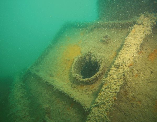 Landing craft engine hatch cover, upside-down and in the hold