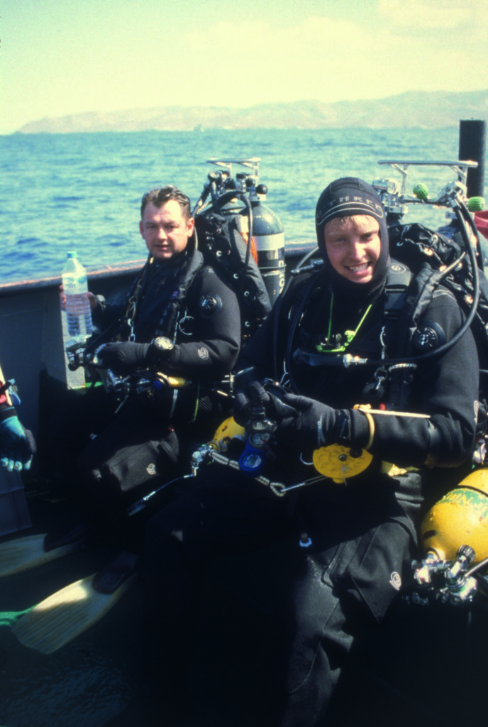 Leigh Bishop with dive partner Chris Hutchinson before the dive in 1998 where both men circumnavigated the Britannic in one dive