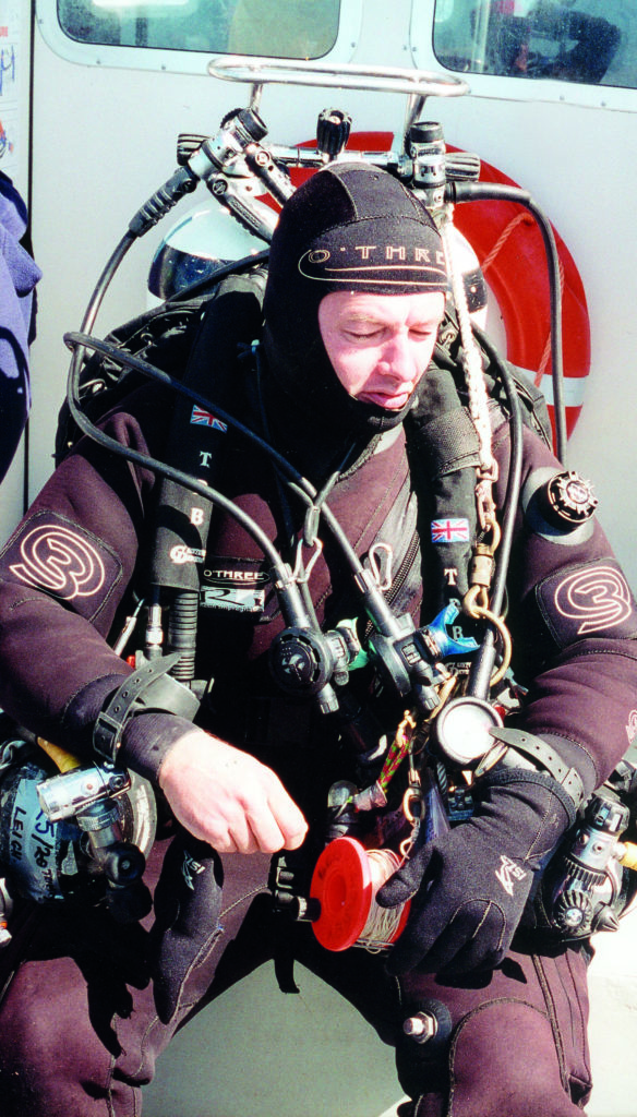 Concentrating before a dive on Lusitania during theopen circuit years of the 1990s.