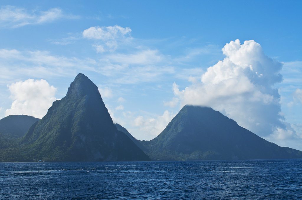 Petite Piton and Gros Piton behind, St Lucia