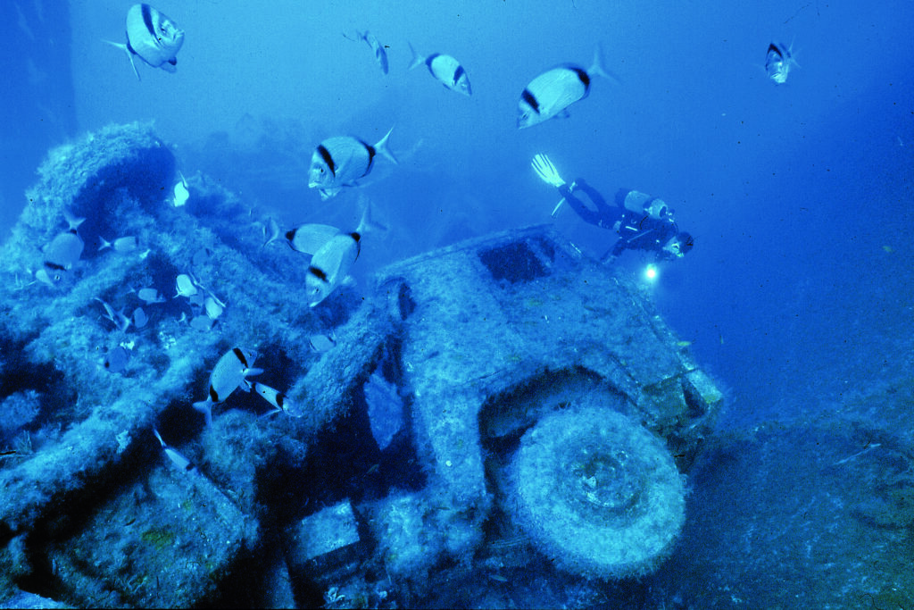 Diver passing by the wreck of Zenobia