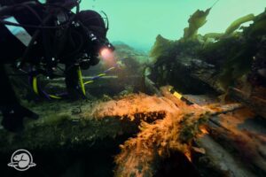 Parks Canada underwater archaeologist examines a belaying pin on the upper deck of HMS Erebus in September (Marc-André Bernier, Parks Canada)