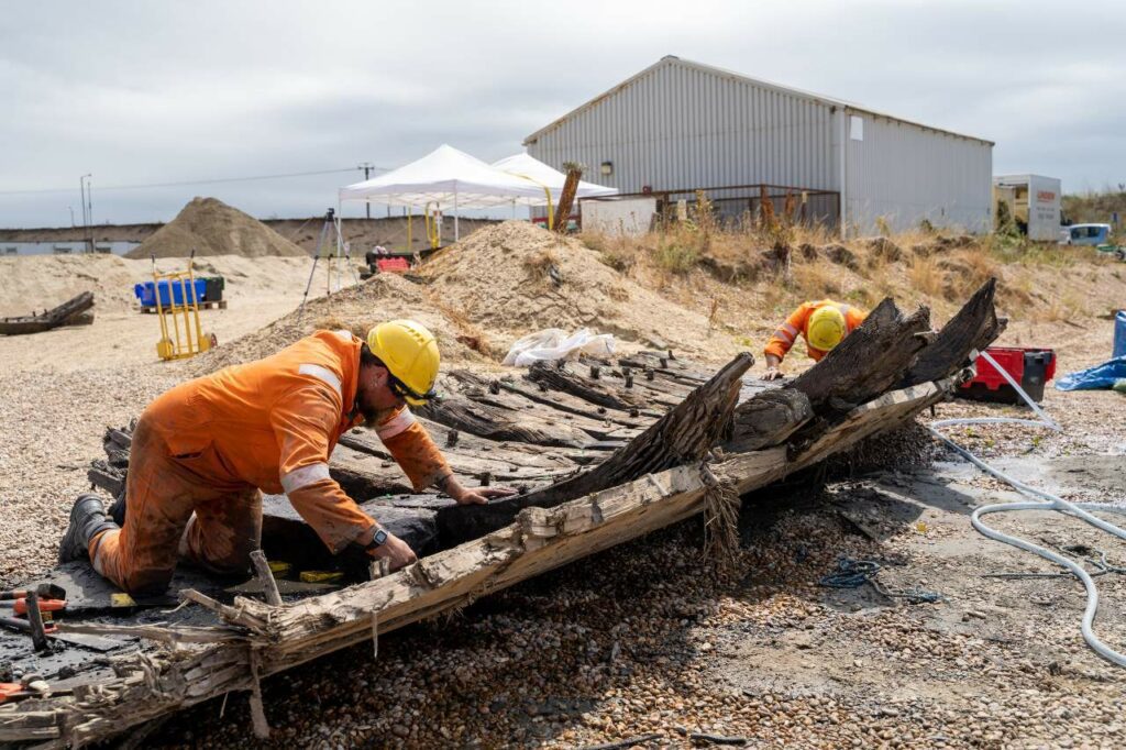 Archaeologists record the remains of a 16th-century ship found at a quarry in Kent © Wessex Archaeology