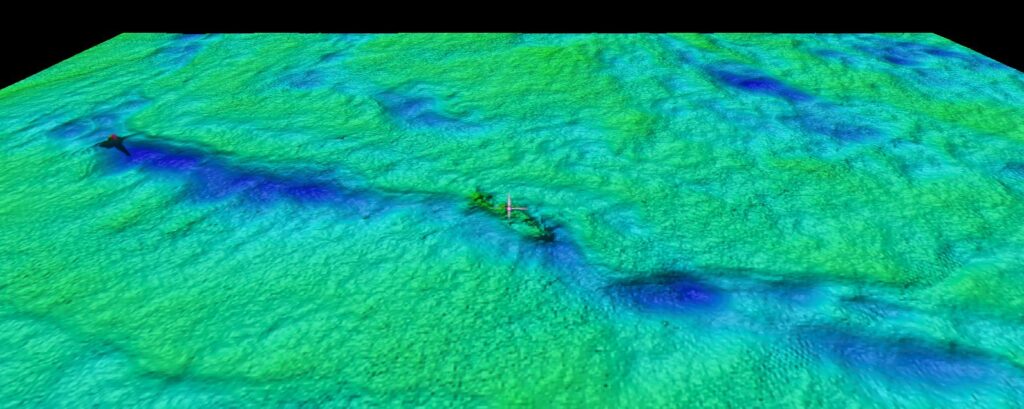 3D-kuva hylystä Ison-Britannian hydrografisen toimiston tiedoista (Wessex Archaeology)