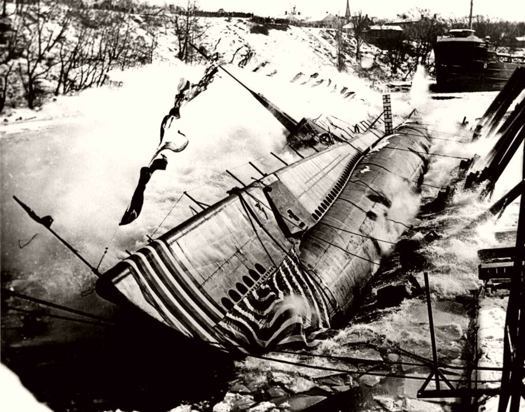 Hawkbill launches sideways into Manitowoc River January 1944.
