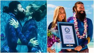 Beth Neale and Miles Cloutier celebrate their breath-hold Guinness World Record (GWR)