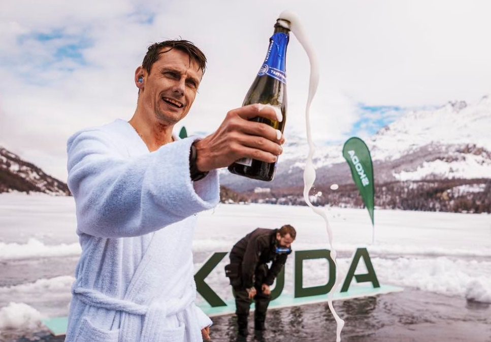 Freediver David Vencl cracks open the champagne