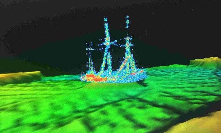Multibeam sonar image of the Ironton as it sits on the lakebed (Ocean Exploration Trust / NOAA Thunder Bay National Marine Sanctuary)